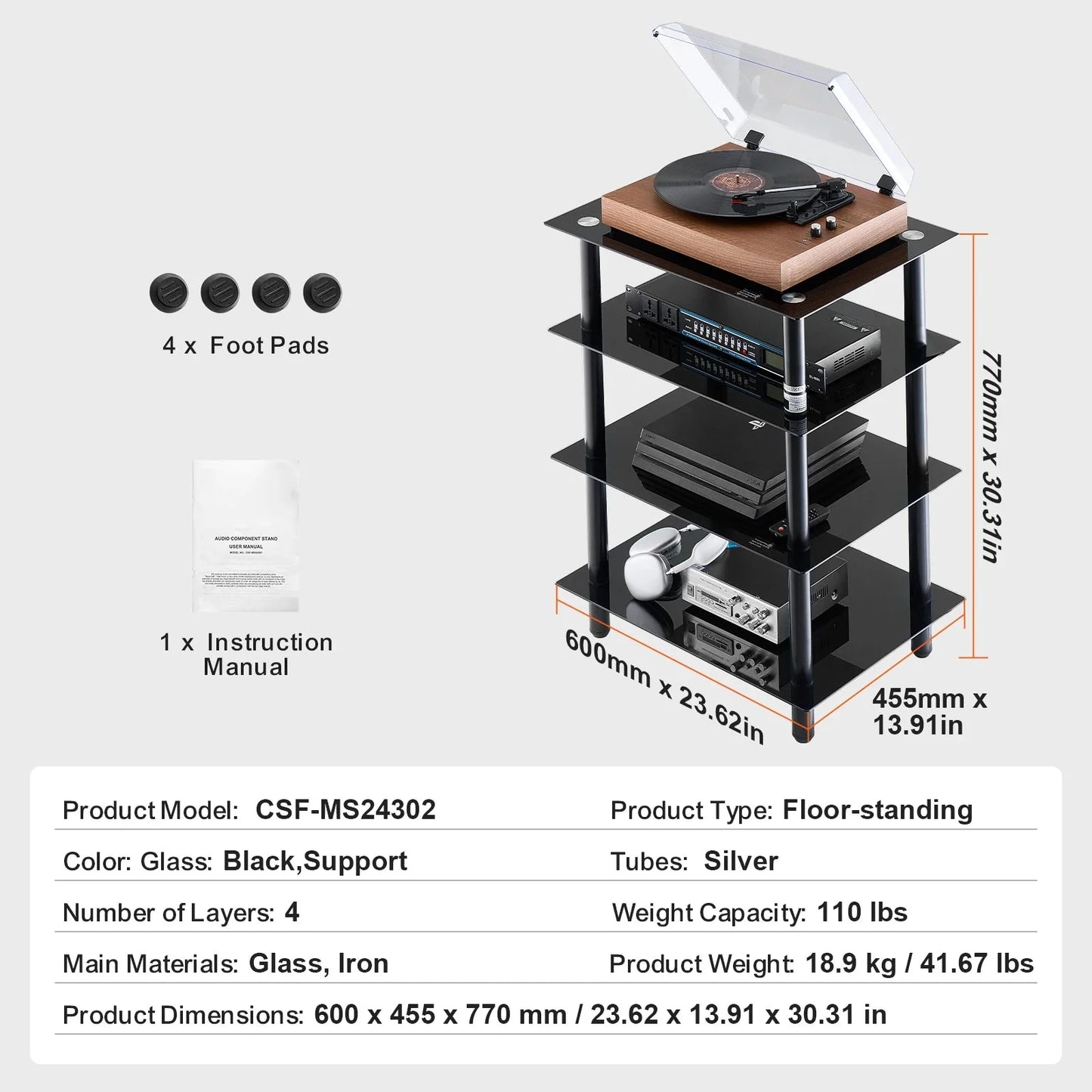 SucceBuy 4-Tier AV Media Stand Audio/Video Stand with Strengthen Tempered Glass Shevles for DVD Adjustable Media Storage Cabinet