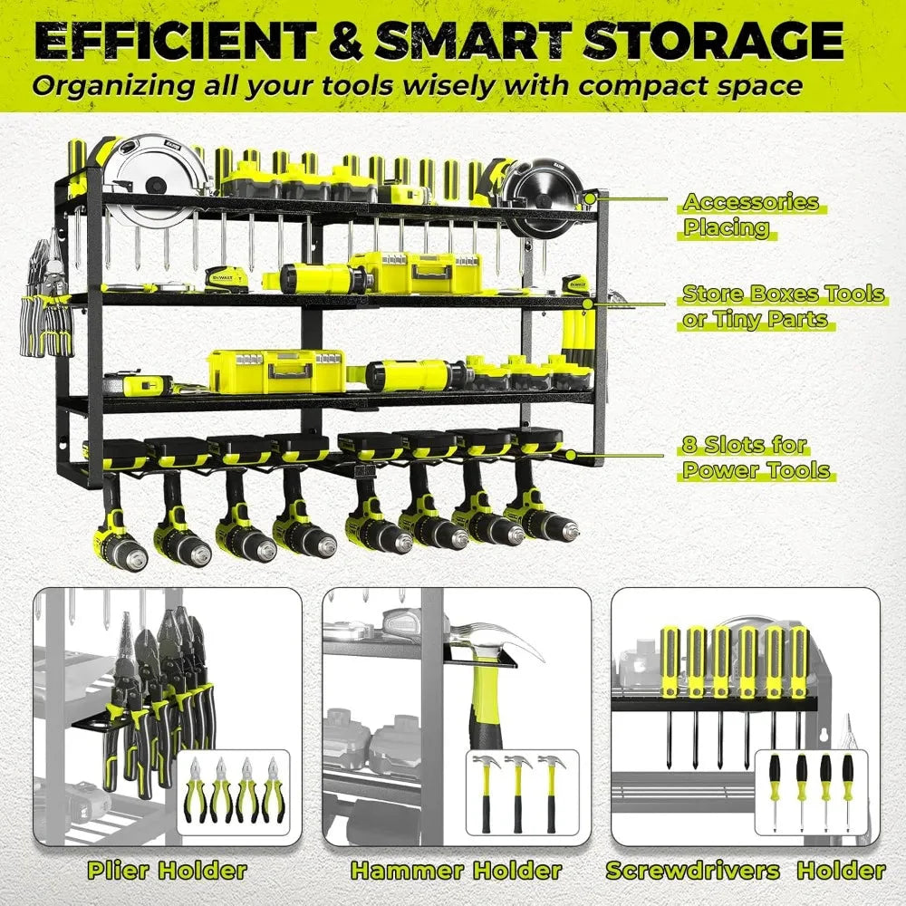 4 Layer Heavy Duty Metal Power Tool Storage Rack,Garage Tool Organizer and Storage with Screwdriver Holder Holder/Hammer Holder