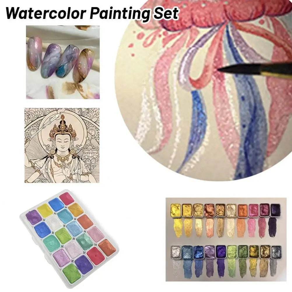 20 Colors Pearlescent Solid Watercolor Painting Set Portable Box Shiny Metal Painting Art Supplies Pigment Palette Drawing Tools