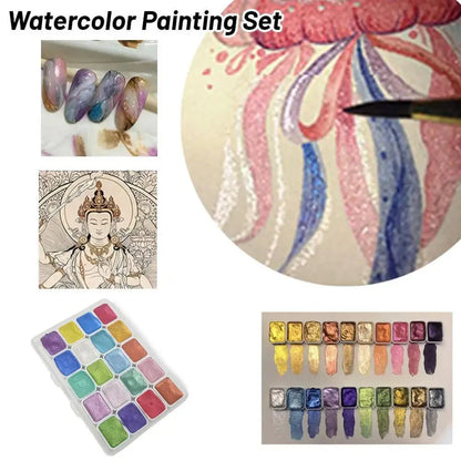 20 Colors Pearlescent Solid Watercolor Painting Set Portable Box Shiny Metal Painting Art Supplies Pigment Palette Drawing Tools