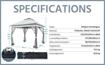 3.3x3.3m Pop-Up Folding Gazebo - Waterproof Garden Tent with Mosquito Netting