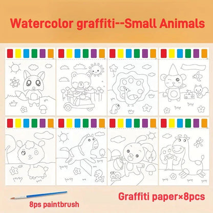 A Set of Art Tools, Including 8 Pieces of Art Paper, 8 Brushes,and 6 Colors of Paint,Suitable for Students and DIY Handmade Sets