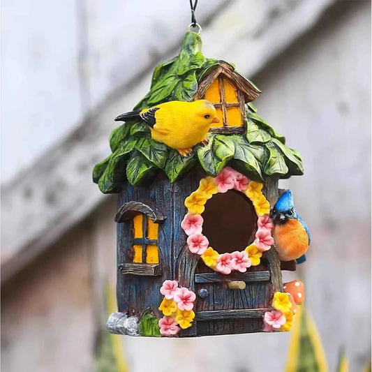Birdhouse Garden Decor Hanging Outdoor Ornament Resin Craft Floral Design Bird Hut Backyard Accent Pet Shelter Bird House