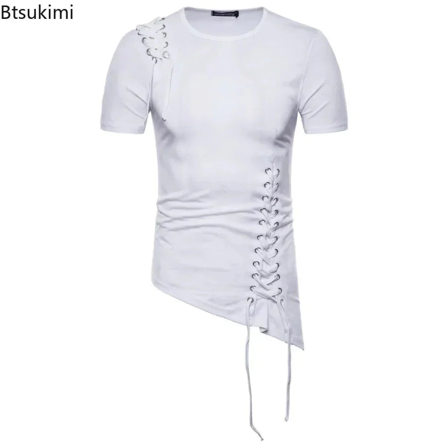 New2026 Men's Summer Short Sleeve T-shirts Trend Irregular Design Lace Up Solid Slim Tees Fashion Gothic Style Casual Shirts Men