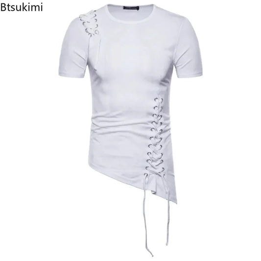 New2026 Men's Summer Short Sleeve T-shirts Trend Irregular Design Lace Up Solid Slim Tees Fashion Gothic Style Casual Shirts Men