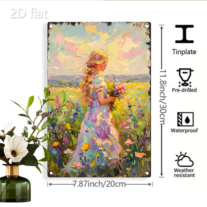 Vibrant Floral Scene 2D Flat Wall Art - Blonde Woman & Wildflowers Metal Sign, 8x12 Inch Indoor/Outdoor Decor