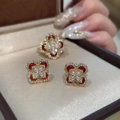 Classic and showy luxury red flower bridal jewelry sets for women exquisite pearl red chalcedony earrings rings necklace