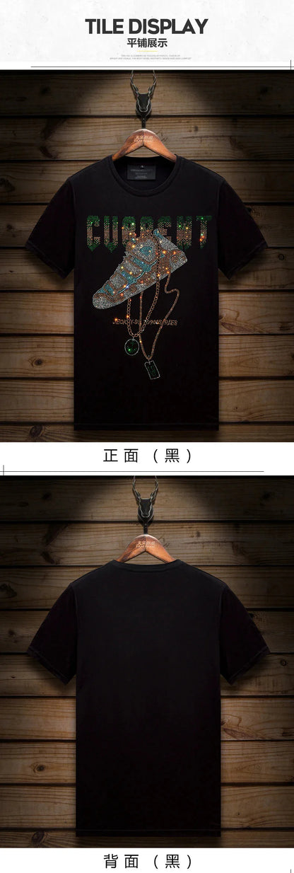2025 Summer Mens T Shirts Fashion Clothing Shoes Rhinestones O Neck Short Sleeve Slim Casual T-shirts for Men Camiseta Hombre