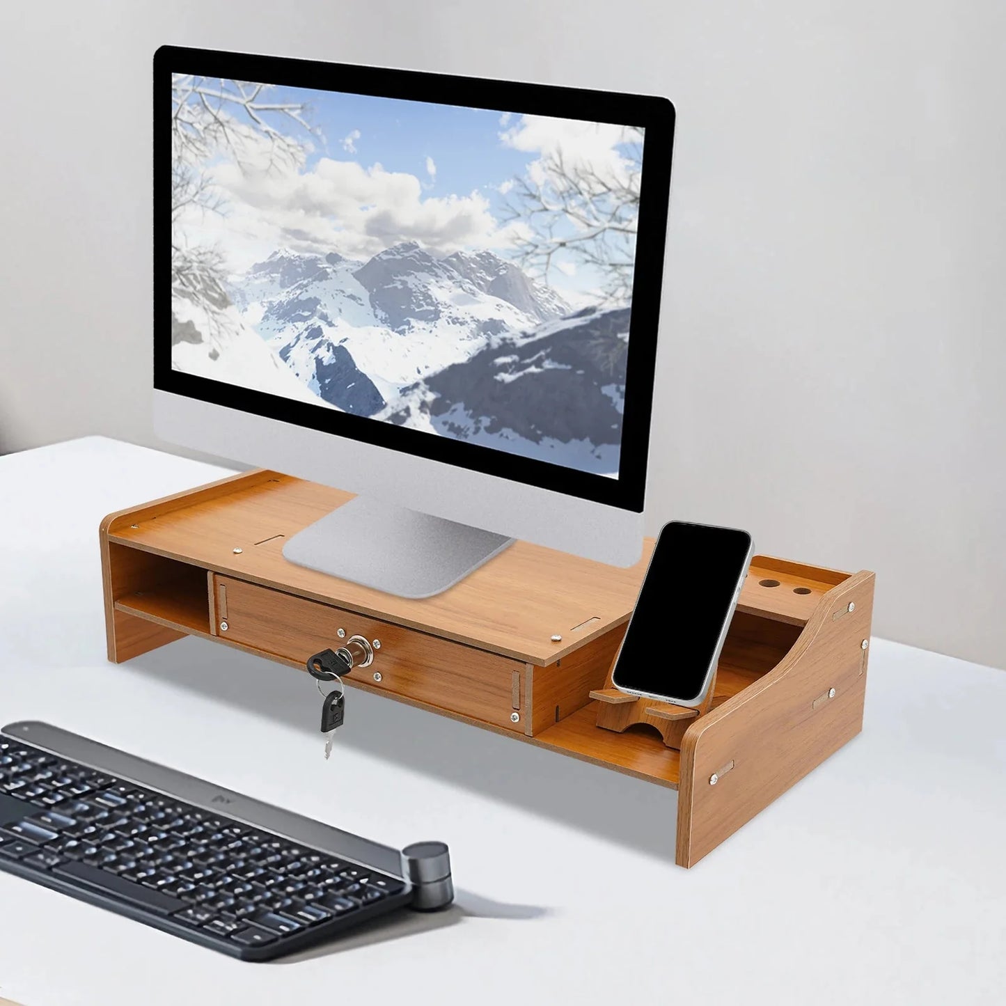 Home Computer Monitor Lift Stand with Drawers and Phone Holder, Desktop Organizer, Desktop Drawer Storage Cabinet