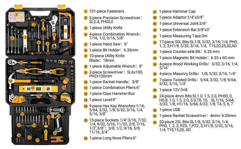 DEKO Home Mechanic Toolbox with 12V Power Cordless Drill Hand Repair Tools Sets Combo Kits Storage Organizer Drawer Case