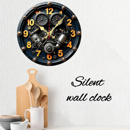2D Flat Exquisite Engine Wooden Round Silent Hanging Wall Clock, For Living Room, Office, Study Room, Bedroom, Home Decoration.