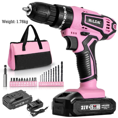 HILDA 21V Pink Drill Electric Drill Electric Screwdriver  Cordless Drill Mini Wireless Power Tools Lithium-Ion Battery