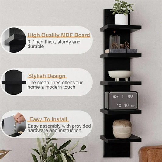 5 Layers Wall-Mounted Wood Bookshelf Storage Rack Board Shelf Organize Floating Shelf For Office Living Room Decor For Books