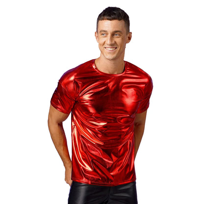 Mens Dance Shirts Tops Party Performance 80s Clothes Metallic Shiny Short Sleeve Round Neck T-shirt for Club Show Role Play