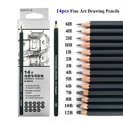 14Pcs/Set Drawing Sketch Pencils Set Wooden Professional Art Supplies HB 2B 6H 4H 2H 3B 4B 5B 6B 10B 12B 1B Painting Stationery