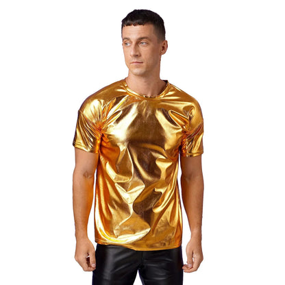 Mens Dance Shirts Tops Party Performance 80s Clothes Metallic Shiny Short Sleeve Round Neck T-shirt for Club Show Role Play