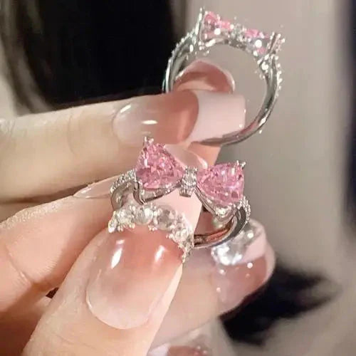 Fashion Fairy Pink Crystal Bow Knot Pendant Necklaces Y2K Girls Sweet Rhinestone Heart Clavicle Chain Women Jewelry Gifts