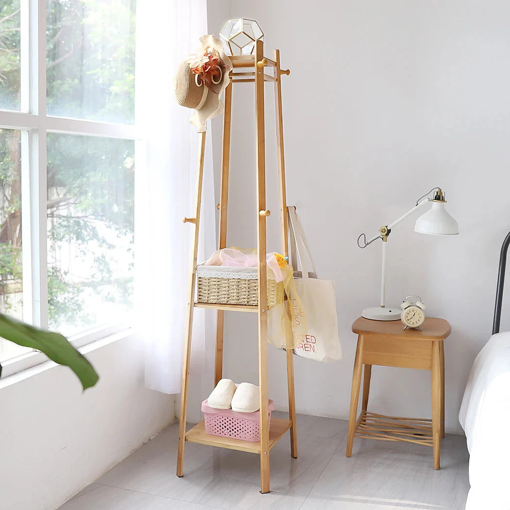 Bamboo Coat Rack Free Standing 2-Shelves Clothing Storage Garment Organizer Stand with 8 Hooks Clothes Poles 55kg Load-bearing f