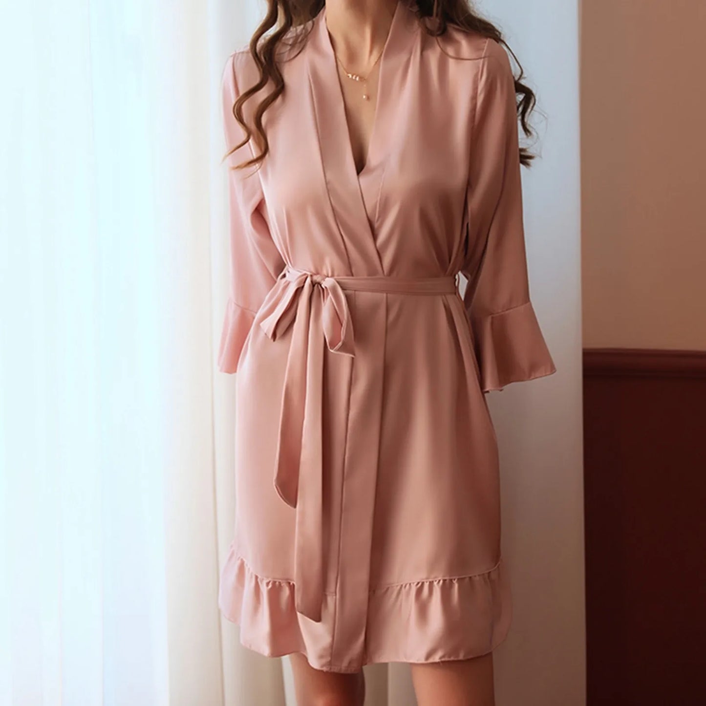 Sexy Flare Sleeve Kimono Gown Women Wedding Robe Silk Rayon Home Dress Elegant Ruffle Sleepwear Cozy Nightgown Intimate Lingerie