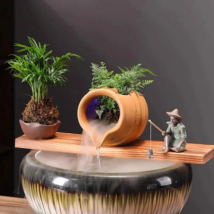Ceramic Waterfall Jug - Circulating Clay Pot Fountain for Garden, Fish Tank & Courtyard Decor | Handmade Rustic Water Feature