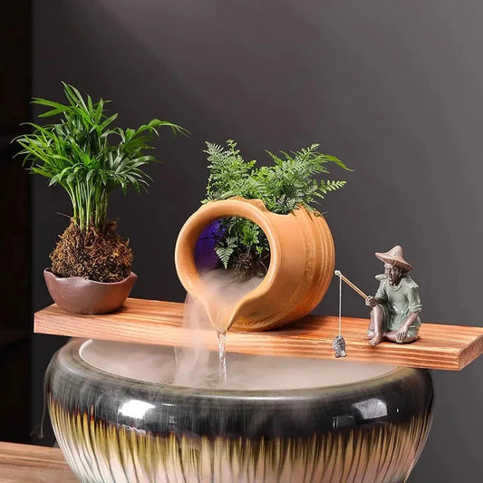 Ceramic Waterfall Jug - Circulating Clay Pot Fountain for Garden, Fish Tank & Courtyard Decor | Handmade Rustic Water Feature