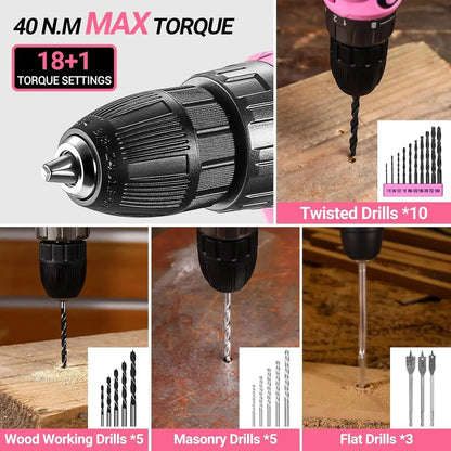 DEKO Pink Drill Tool Kit Set: 20V Cordless Power Drill Tool Box with Battery Electric Drill Driver