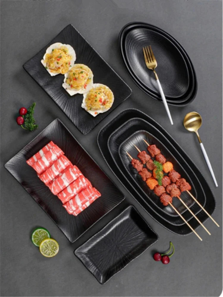 Pretty Black Melamine Plates Steak Barbecue Trays for Meal Vegetables Fruit Western Dinner Dishes Beautiful Tableware Decoration