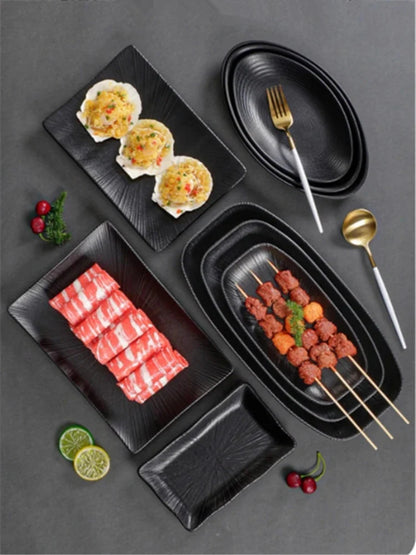 Pretty Black Melamine Plates Steak Barbecue Trays for Meal Vegetables Fruit Western Dinner Dishes Beautiful Tableware Decoration