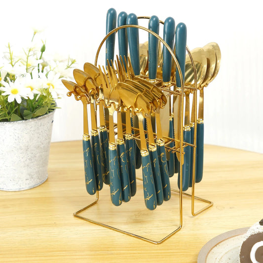 24-Piece Stainless Steel Silverware Set with Vertical Hanging Storage Rack - Mirror Polished Flatware