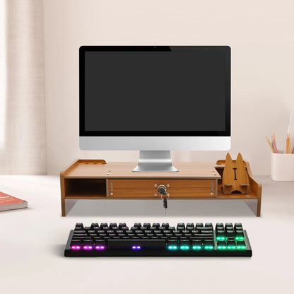 Home Computer Monitor Lift Stand with Drawers and Phone Holder, Desktop Organizer, Desktop Drawer Storage Cabinet