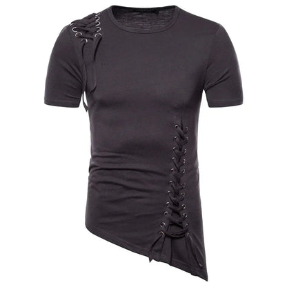 New2026 Men's Summer Short Sleeve T-shirts Trend Irregular Design Lace Up Solid Slim Tees Fashion Gothic Style Casual Shirts Men