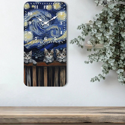 Vintage 2D-Flat Cats with Van Goghs Starry Night backdrop Wooden Silent Quartz Rectangle Wall Clock for Home Idea Holiday Gifts