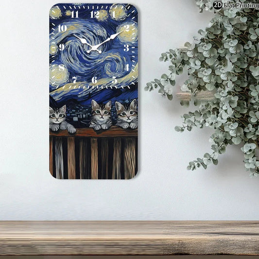 Vintage 2D-Flat Cats with Van Goghs Starry Night backdrop Wooden Silent Quartz Rectangle Wall Clock for Home Idea Holiday Gifts