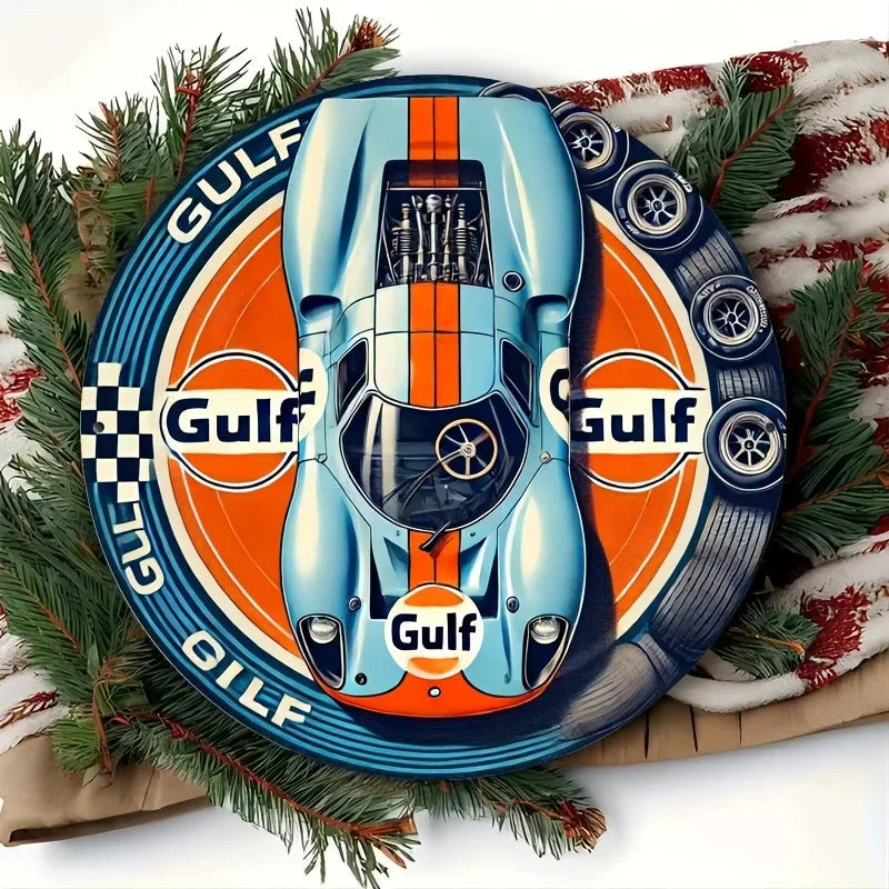 1pc Vintage Gulf Racing Car Metal Tin Sign - Retro Style Wall Art with Blue & Orange Stripes, Aluminum, Perfect for Home, Cafe