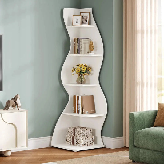 5-Tier Wave Bookshelf  Modern curved corner shelf with metal frame and wooden shelves, white finish, sturdy floor design bedroom