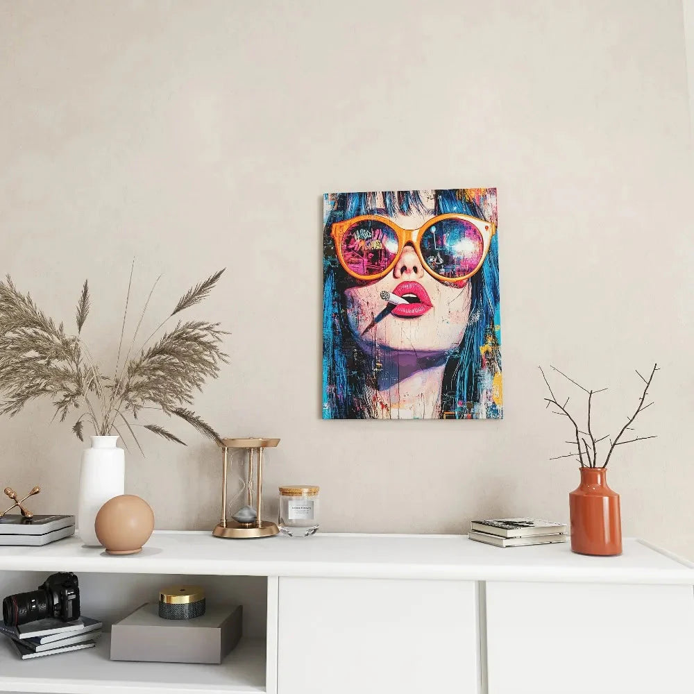 Vibrant modern canvas art - stylish women, floral hair and stylish glasses, 1.5 inch thick pine frame, interior decor