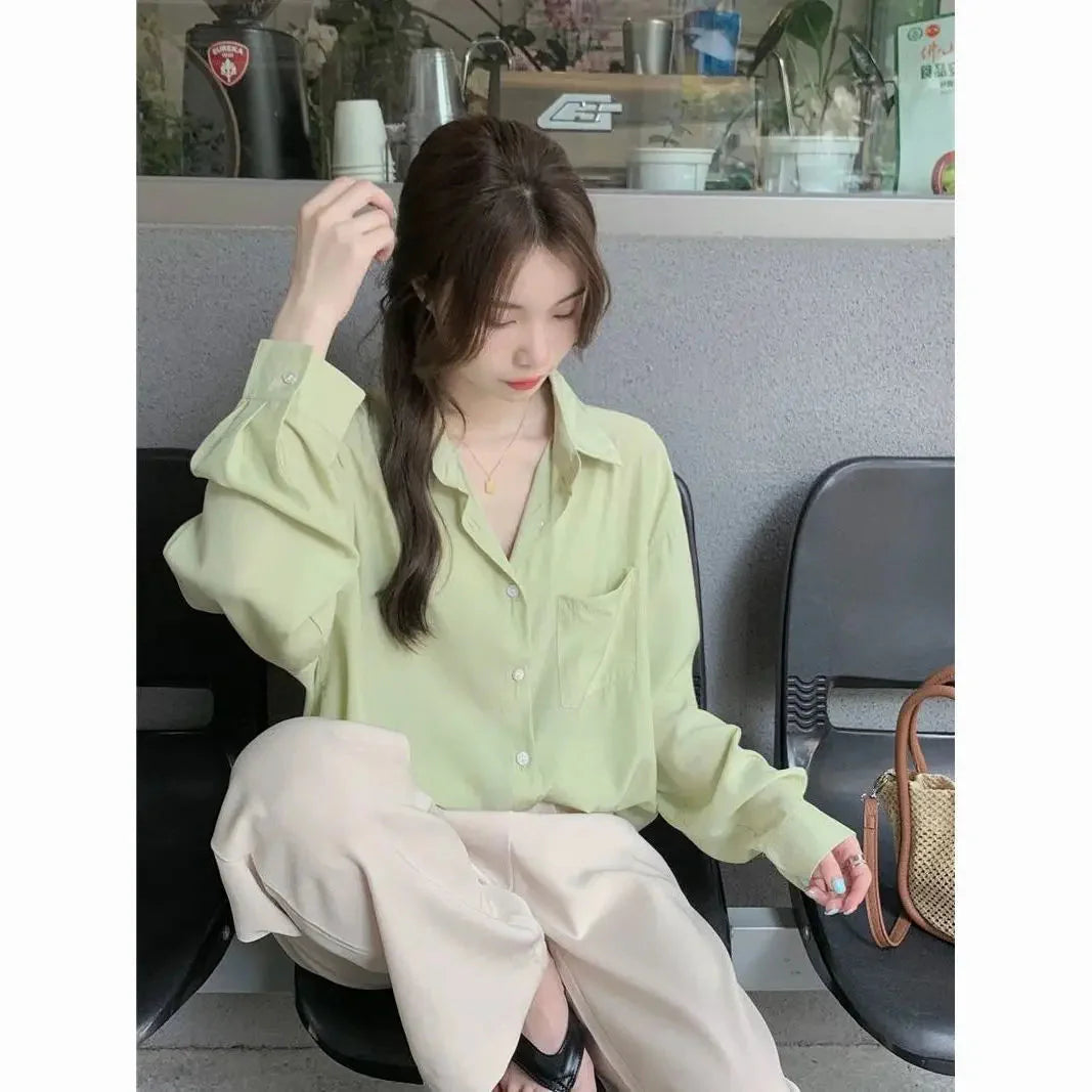 Sunscreen Shirt for Women in Summer New Polo Collar French Unique Loose Solid Color Long-sleeved Top Trendy