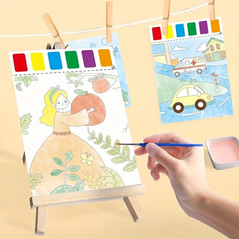 A Set of Art Tools, Including 8 Pieces of Art Paper, 8 Brushes,and 6 Colors of Paint,Suitable for Students and DIY Handmade Sets