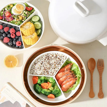 3 Compartments Grid-shaped Dinner Plate White Ceramic Divided Food Tray Durable Large Capacity Steamed Plate Breakfast Dish
