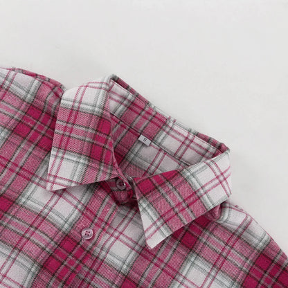 Pink Plaid Shirt for Women in Europe and America New Versatile Loose Shirt for Women Removable Long-sleeved Lapel Top