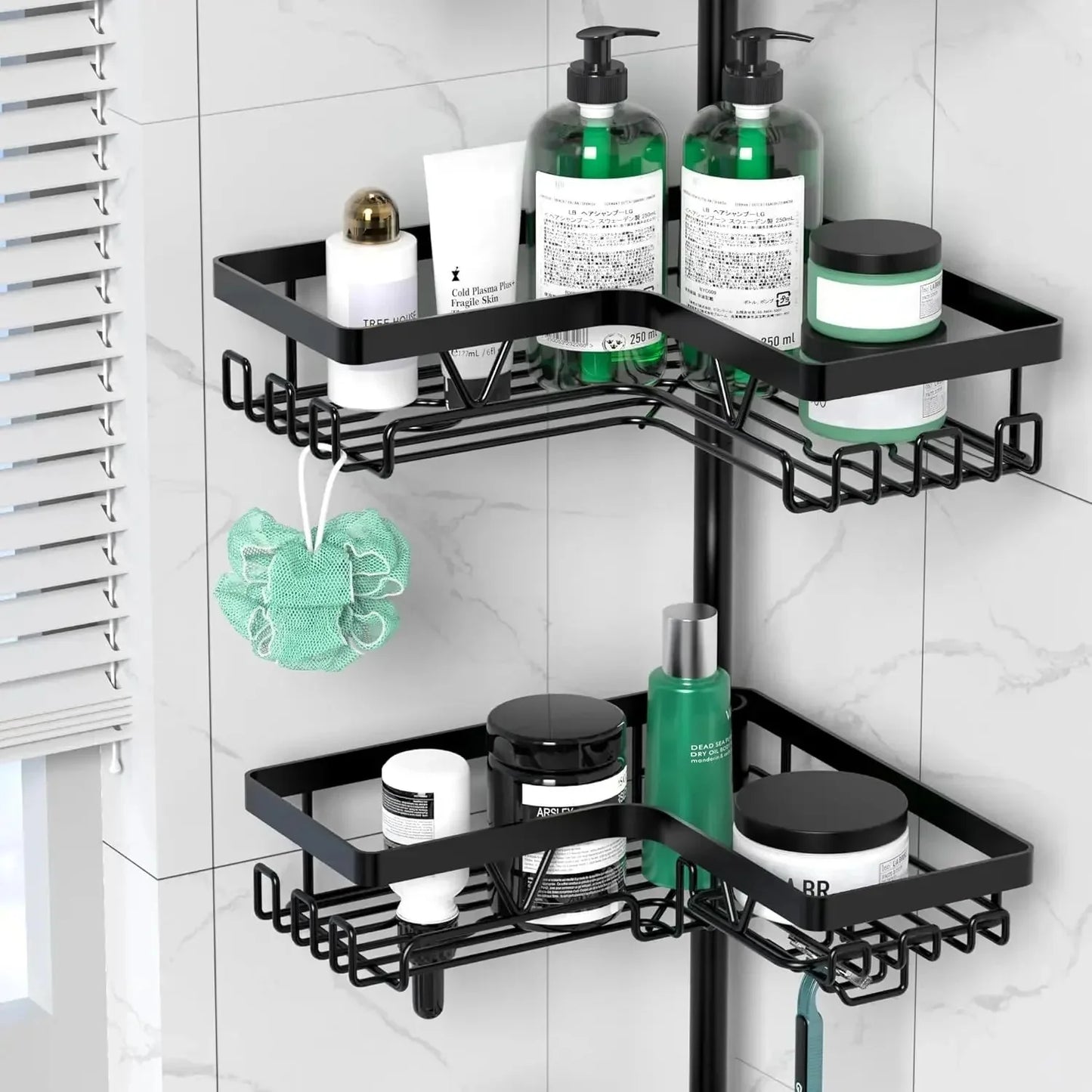 Corner Shower Caddy Tension Pole - 4 Tier Stainless Steel Rustproof Shower Corner Caddy for Bathroom Shower Organizer