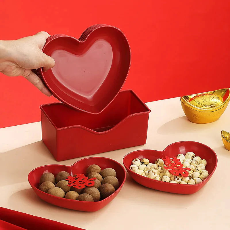 Red Heart Shaped Plates Set for Wedding and Festival Candy and Snack Serving Cake and Snack Plate Kitchen Utensils