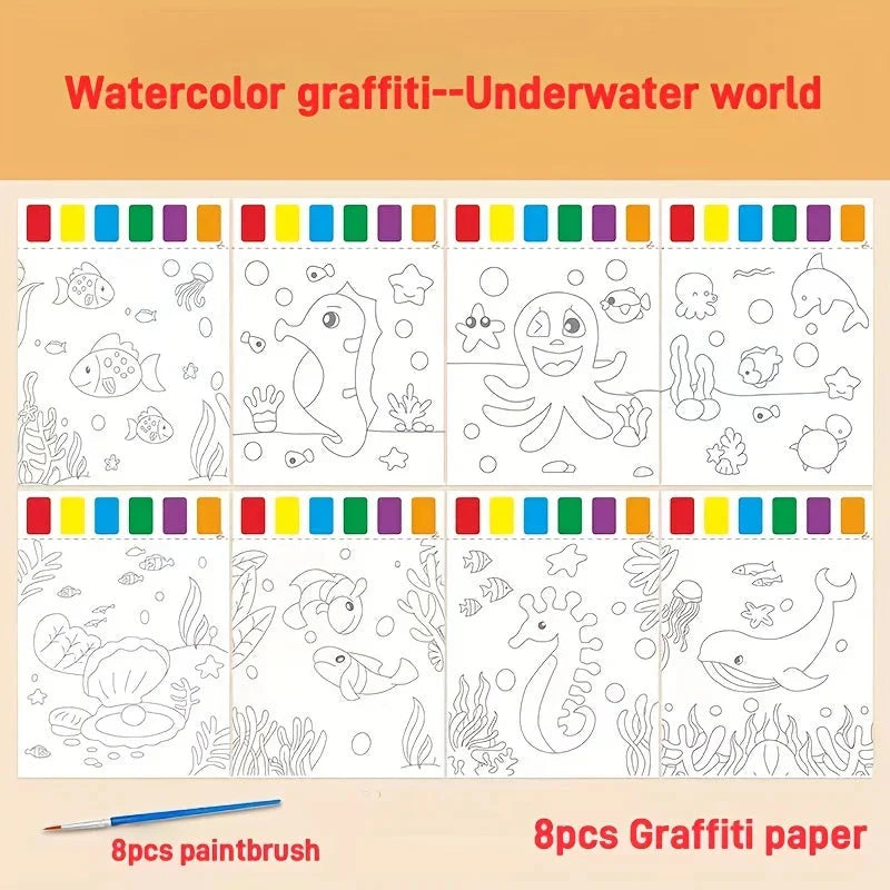 A Set of Art Tools, Including 8 Pieces of Art Paper, 8 Brushes,and 6 Colors of Paint,Suitable for Students and DIY Handmade Sets