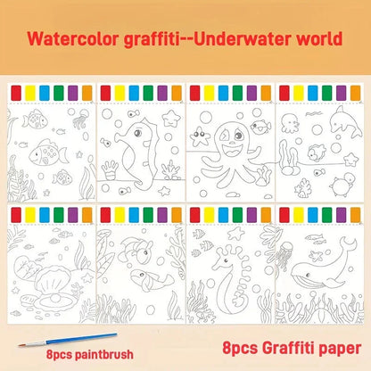 A Set of Art Tools, Including 8 Pieces of Art Paper, 8 Brushes,and 6 Colors of Paint,Suitable for Students and DIY Handmade Sets
