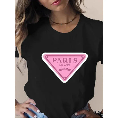 Fashion Paris Printed Short Sleeved Shirt Women Hip Hop Casual T-shirt Short Sleeved Round Neck Casual Top Autumn and Winter