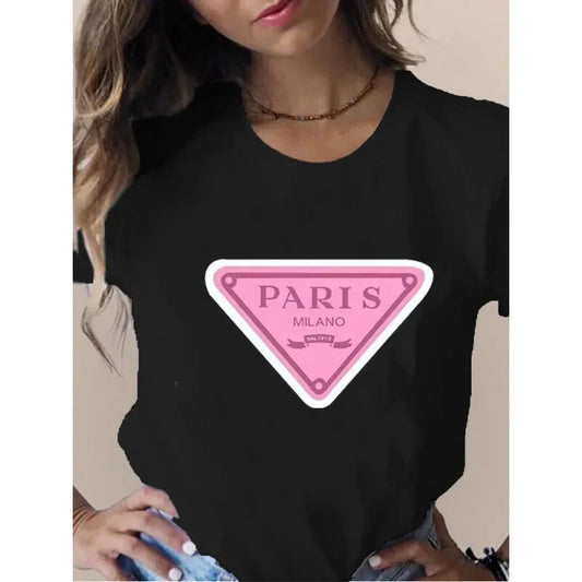 Fashion Paris Printed Short Sleeved Shirt Women Hip Hop Casual T-shirt Short Sleeved Round Neck Casual Top Autumn and Winter