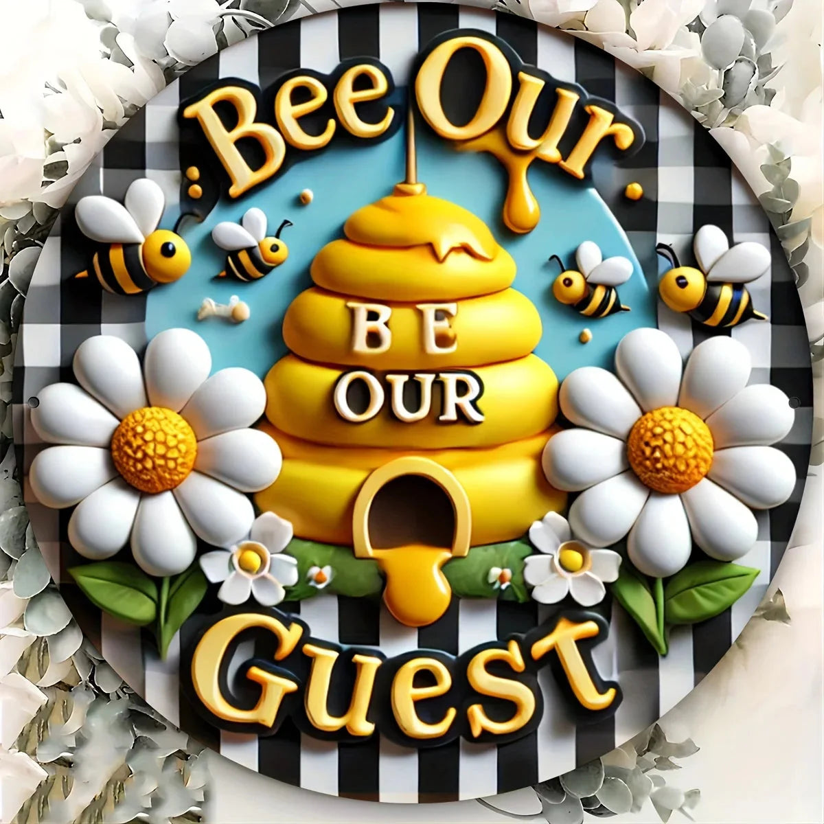 1pc 8x8 Inch Round Aluminum Metal Sign, Bee Wreath Wall Art, Summer Home Decor, Outdoor Indoor Door Decoration