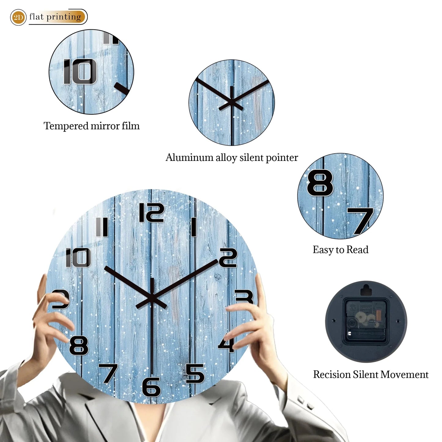 Rustic Blue Wooden Plank Wall Clock with Snowflakes, Winter Theme Home Office Decor, Silent Quartz Movement Decorative Design