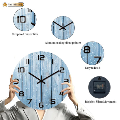 Rustic Blue Wooden Plank Wall Clock with Snowflakes, Winter Theme Home Office Decor, Silent Quartz Movement Decorative Design