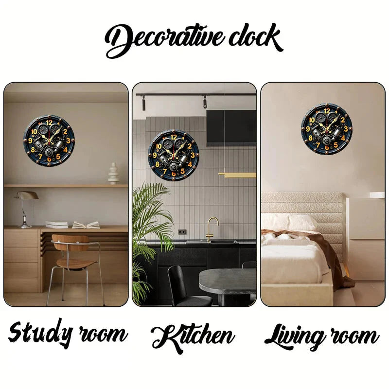 2D Flat Exquisite Engine Wooden Round Silent Hanging Wall Clock, For Living Room, Office, Study Room, Bedroom, Home Decoration.